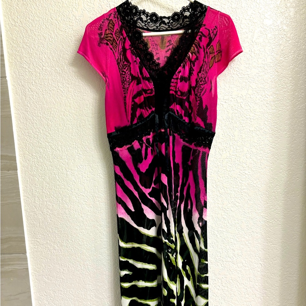 Pink and Green Zebra Print Long Dress